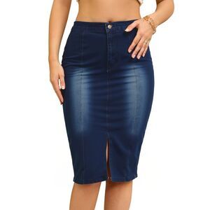 Slit Elastic High Waist Stretch Bodycon Pencil Denim Skirt Black Blue